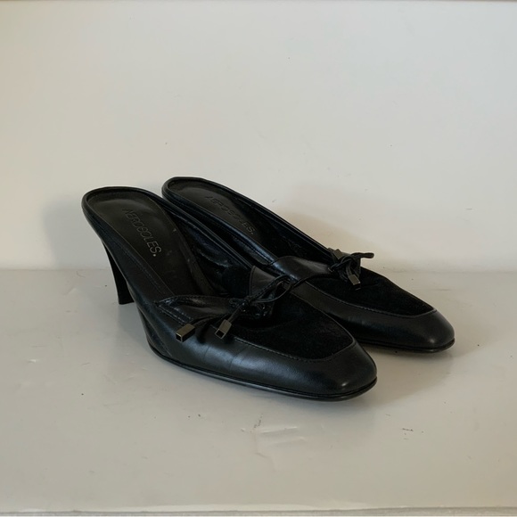 Aerosoles Black Suede with Leather Slip-On Bow Accent  Mules - Picture 2 of 5